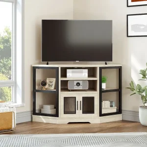 Farmhouse Corner TV Stand Entertainment Center Media Console for TVs up to 55 with Power Outlet(Oak)
