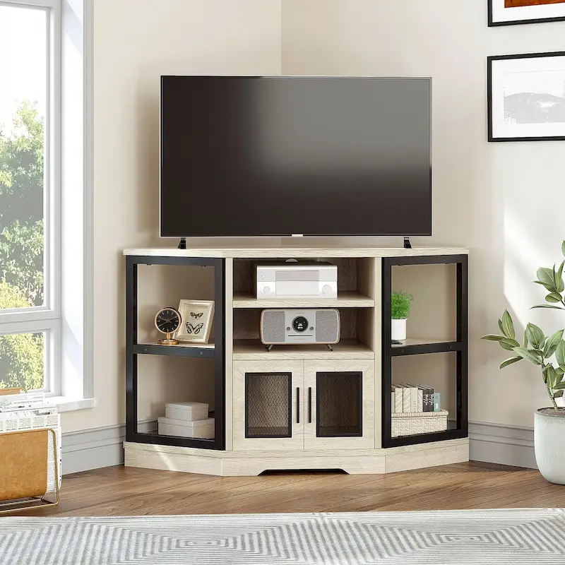 451987d52019a5002cf2acfb37644374738dfe230a7bcd2c2ef950e6b08e00cf Farmhouse Corner TV Stand Entertainment Center Media Console for TVs up to 55 with Power Outlet(Oak)