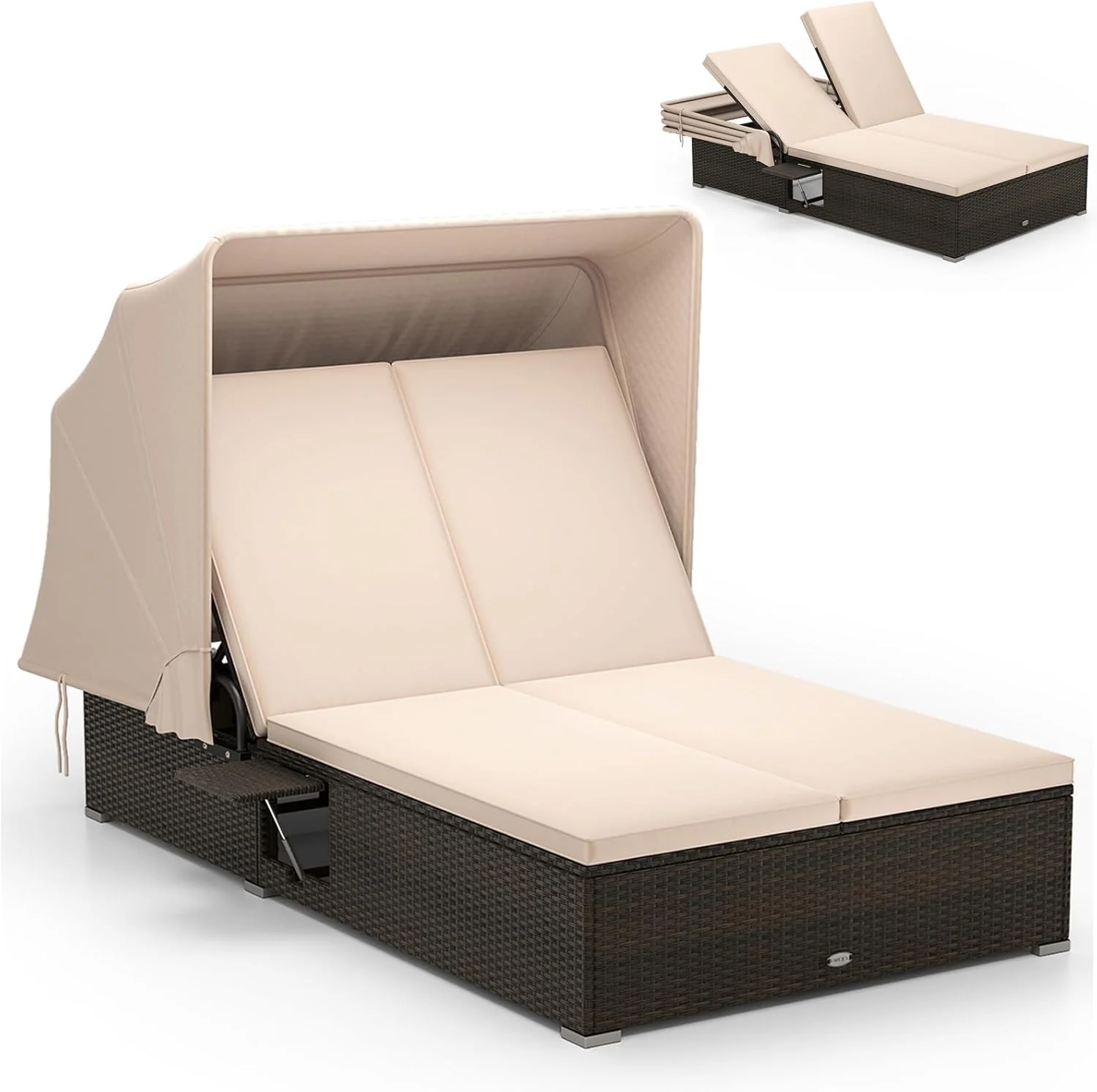 456dafe260c36184b7ee4933c4f2e64517b59cc70da5626a6433a9a50c969f41 RELAX4LIFE Outdoor Daybed Retractable Canopy Wicker Double Chaise Lounge 6-Position Backrest