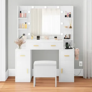 Vanity with Built-In Outlets and Lighted Mirror, 55.1H x 43.3L x 15.74W(White)