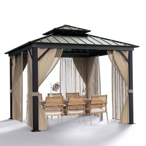 10x10 Hardtop Gazebo with double metal roof, aluminum frame, net, and curtain. All-weather, ideal for patio, deck, garden, backyard. Khaki.(Khaki/10x10FT)