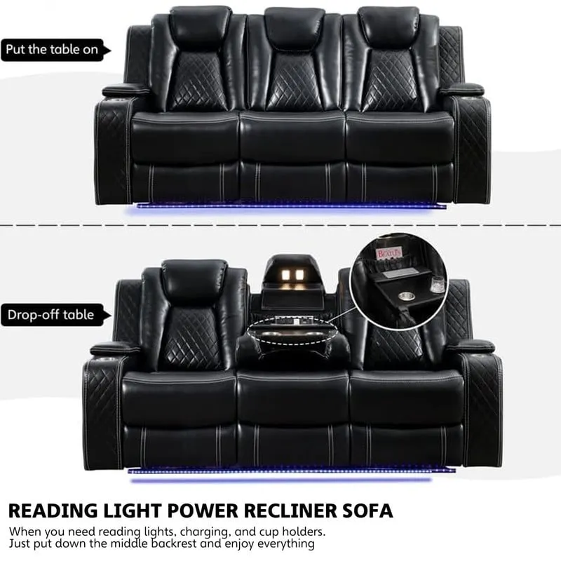 46363747e7ac41506242860235e27b9d1c51c36f798147cc99275bdfd2562af9 Power Reclining Sofa with Wireless Charger,Reading Light for Living Room,Faux Leather LED Light,AC/USB Port,Cup Holder,Black(Black-3-seat)