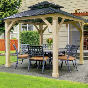 10 x 10 FT Outdoor Patio Hardtop Gazebo with Wood Frame  2-Tier Metal Roof, All-Weather Gazebo Pergolas Shelter(Default Title)
