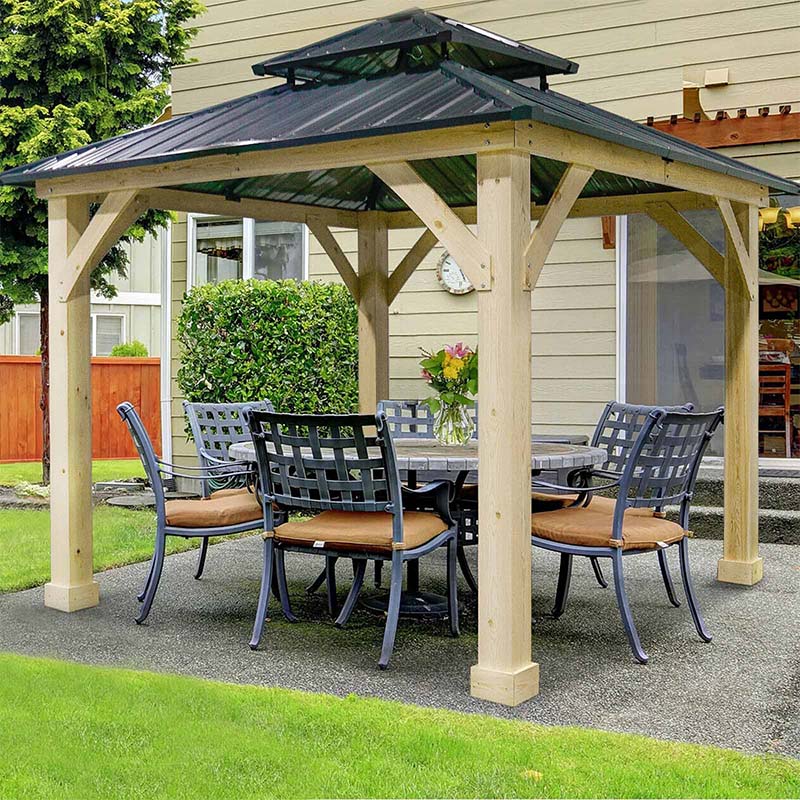46d098cd8b34580cea972370fca0a1554fe9e9b8fc171f1b58050bdcef8fee70 10 x 10 FT Outdoor Patio Hardtop Gazebo with Wood Frame 2-Tier Metal Roof, All-Weather Gazebo Pergolas Shelter(Default Title)