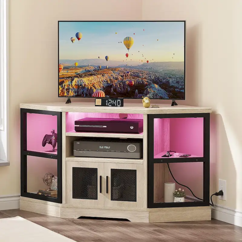 46d6d60ee47432f4cb3b50ead4ee4274abf2fd2b088cd842940e62f7f5ee3c0d Farmhouse Corner TV Stand Entertainment Center Media Console for TVs up to 55 with Power Outlet(Oak)