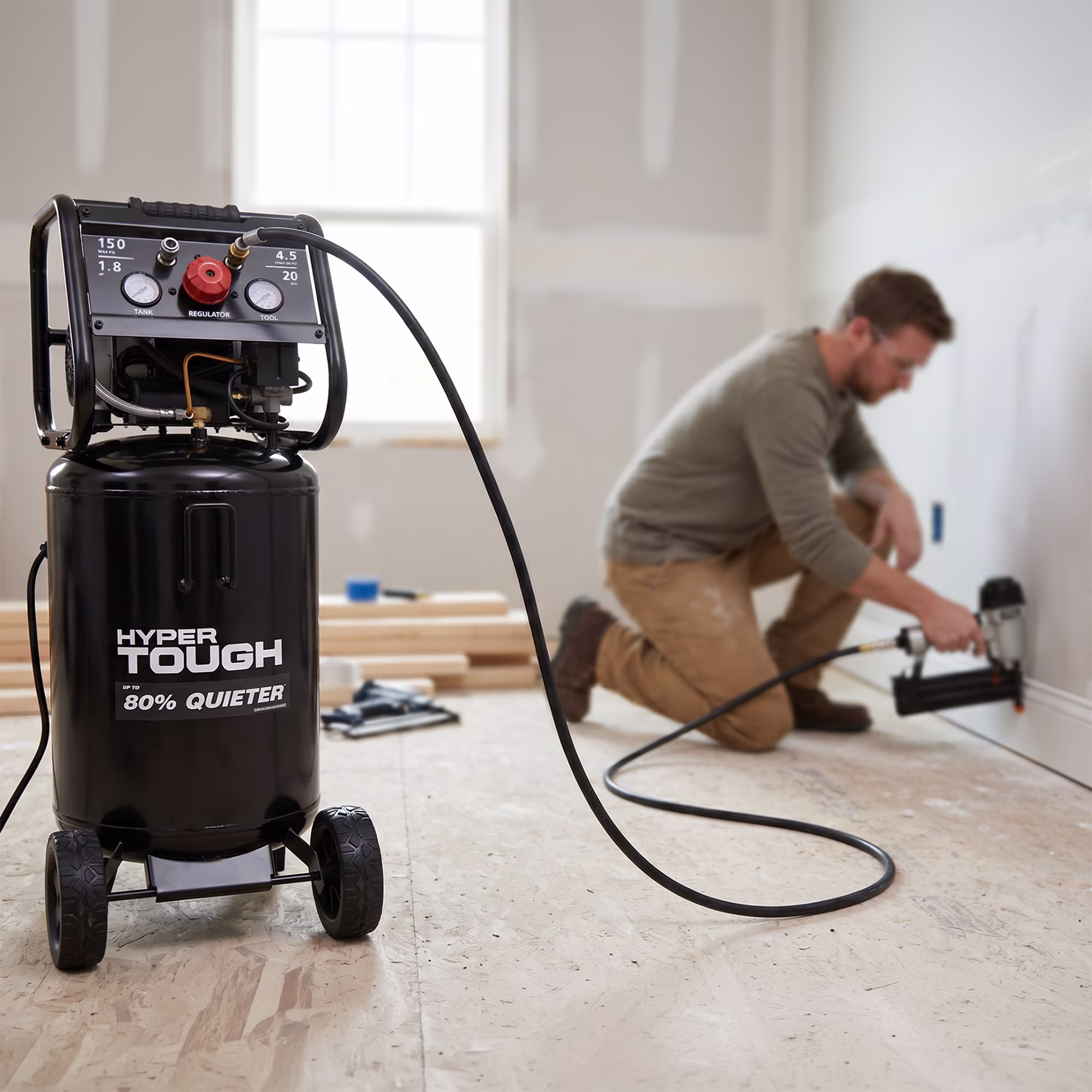 47d5a73cfc6658e5c6286a6750a581ef7cd04ec2930c94acd8981e3f9966807b Hyper Tough 20 Gallon 1.8 HP Vertical Quiet air compressor 150psi
