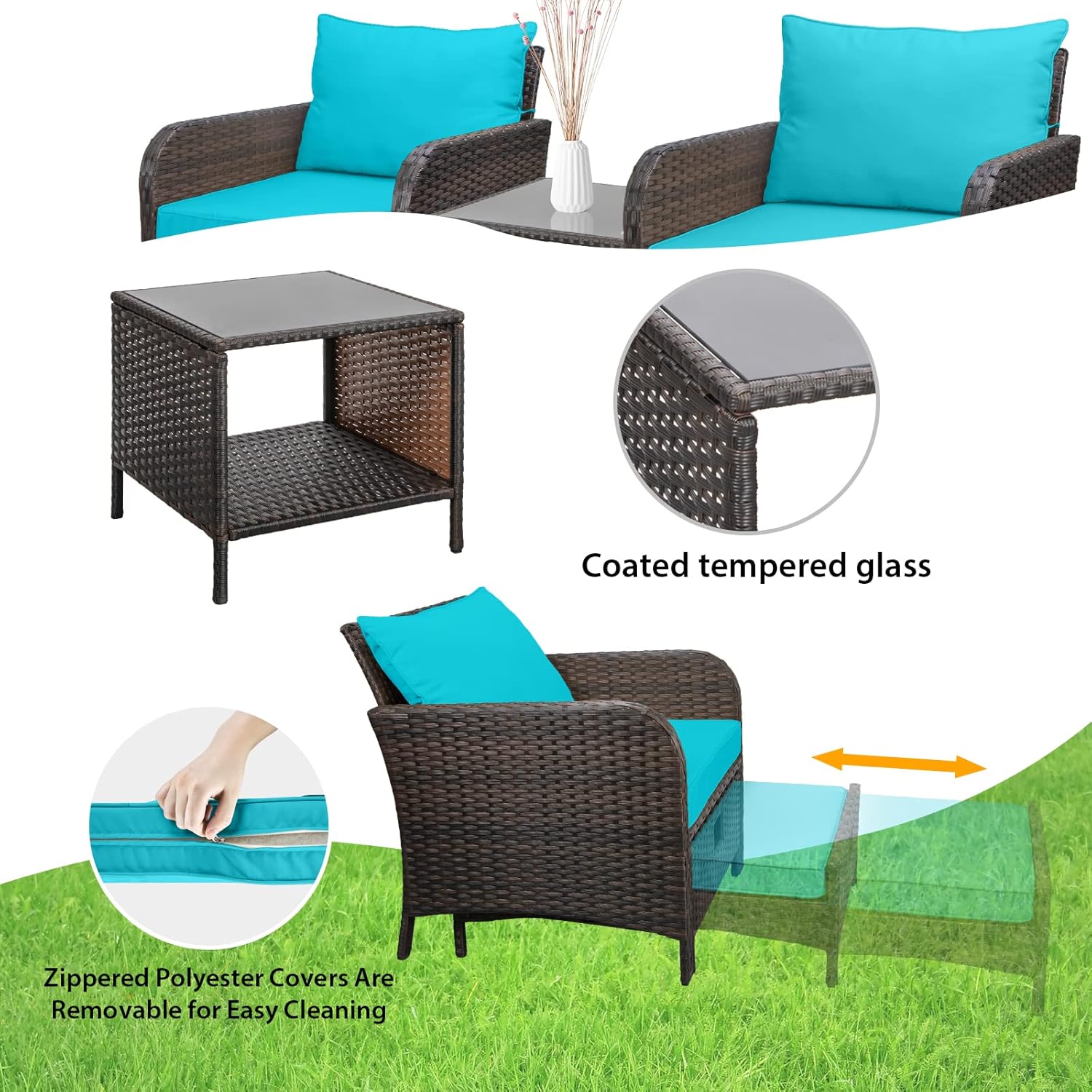 49757b84b4a16c95dd6971b4fa76b29888a34f808932a5ac385fb4d56b11f3c8 LEVELEVE Balcony Furniture 5 Piece Patio Conversation Set, PE Wicker Rattan Outdoor Lounge Chairs with Soft Cushions 2 OttomanGlass Table for Porch, Lawn-Brown Wicker(Dark Blue)
