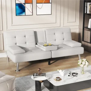 Homall Futon Sofa Bed Convertible Lounge Couch Sofa with Cupholders  Pillows(White)