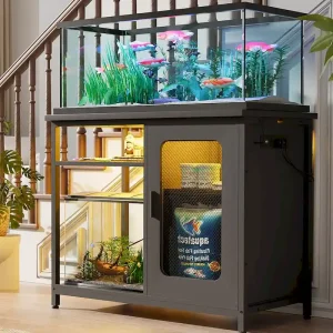 20-29 Gallon Fish Tank Stand with Power Outlets LED Light(Black)