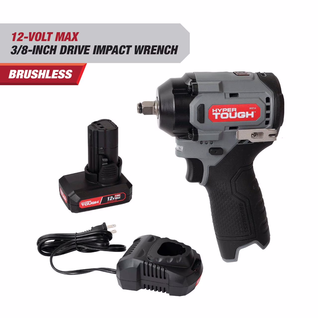 Hyper Tough 12V Max Cordless Brushless Impact Wrench with 4.0Ah Lithium-Ion Battery and Charger, 225 ft-lbs Torque