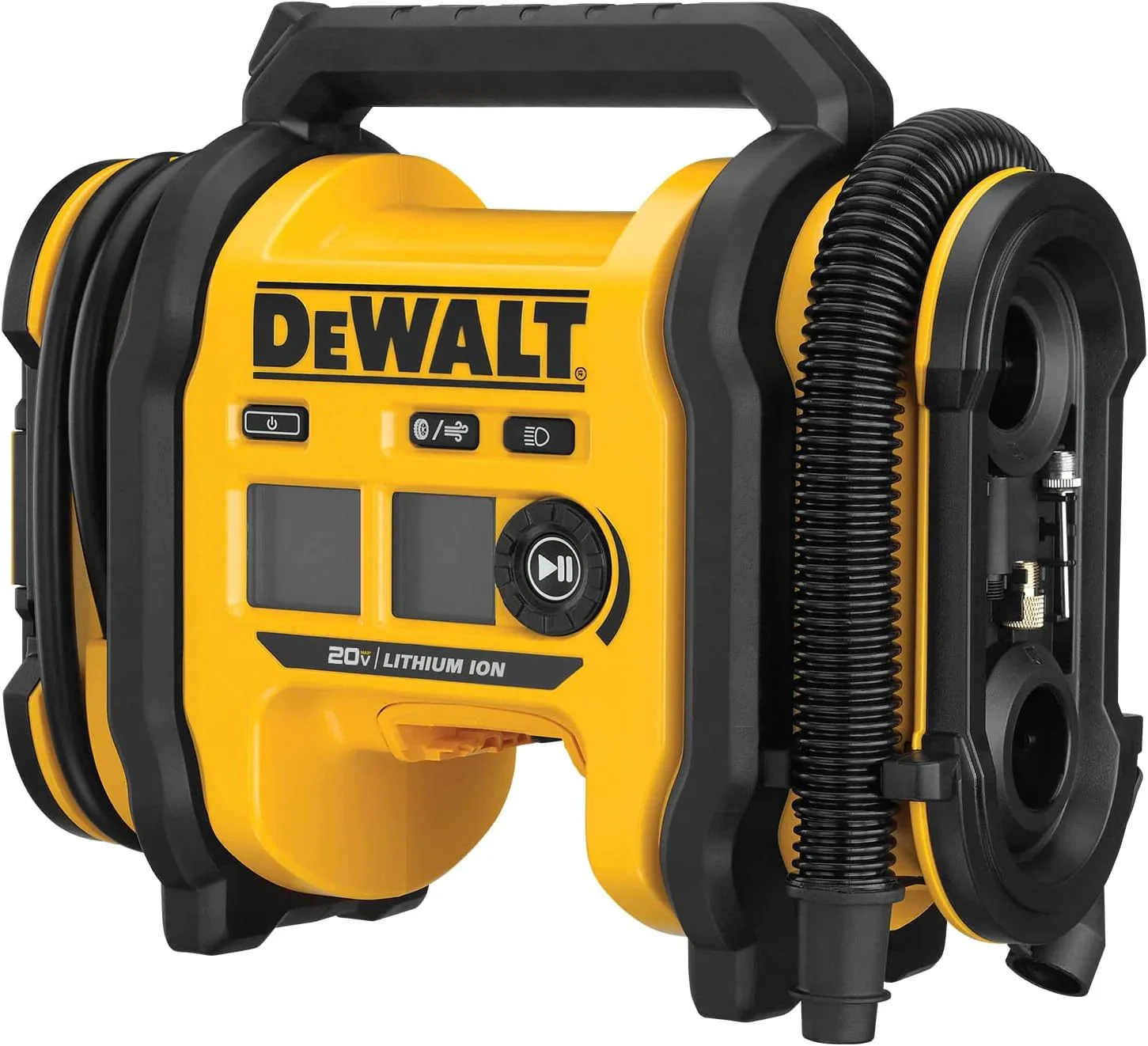 4c57924d15fe122bd534c22bd2ad07ad70a1ee355606cc9f602d09e99e554c5a DEWALT 20V MAX tire inflator, compact and portable, automatic shut-off, LED light
