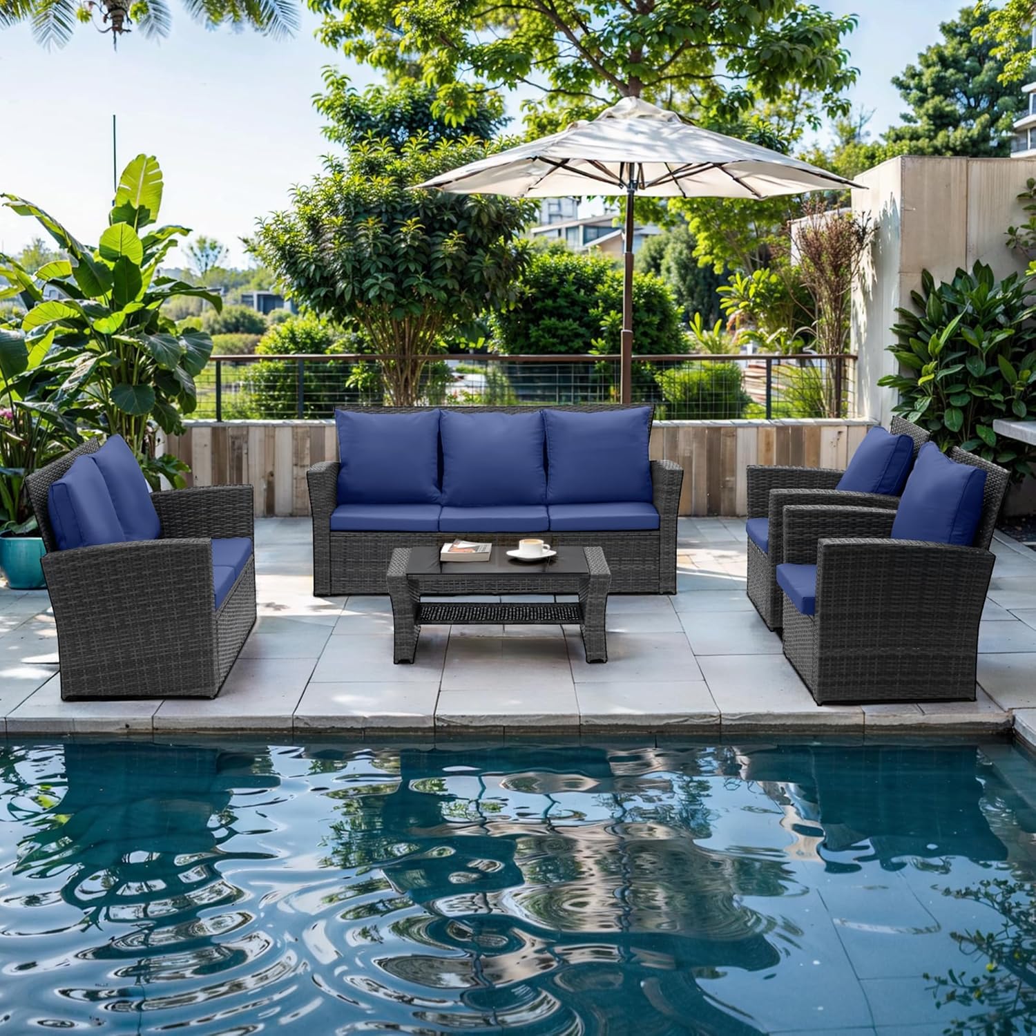 4c6cfb00eaafc5e5f84ecddb6f037dfb33feb819a5383350768bbc1840b839a5 Wisteria Lane 4 Piece Outdoor Patio Furniture Sets, Wicker Conversation Set for Porch Deck, Grey Rattan Sofa Chair with Cushion ??Blue(5/Blue)