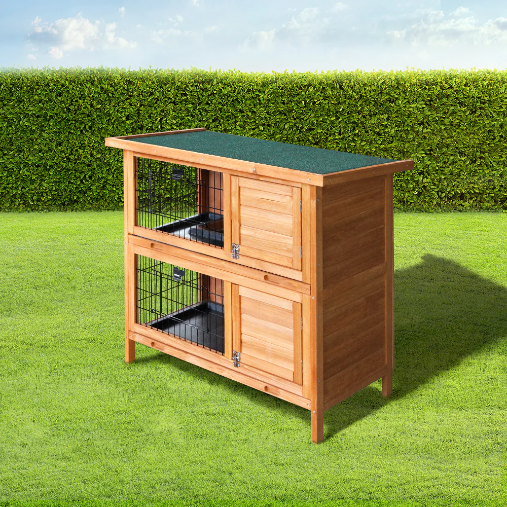 4d5eebe44313a561bccef70e2df3429684d38433623185412163e9b7feb5ca87 Double Level Wooden Rabbit Hutch with Slide-Out Tray - i.Pet