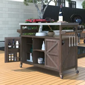 Outdoor Kitchen Island, Rolling Bar Cart  Storage Cabinet,Solid Wood Grill Table with Stainless Steel Top,Spice Rack,Towel Rack(Dark Brown)