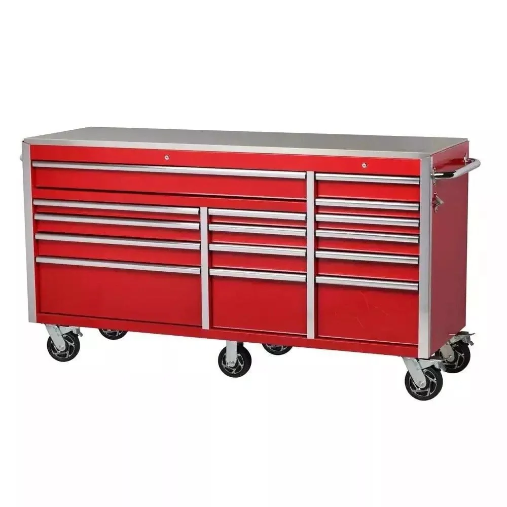 4db67c9374d8ca3ceb96788dc2984286ff561543aa5caeb9b1237543f0213af1 Husky Heavy-Duty 72 in. W x 24 in. D 15-Drawer Tool Chest Mobile Workbench with Stainless Steel Top and Dual Locks in Red
