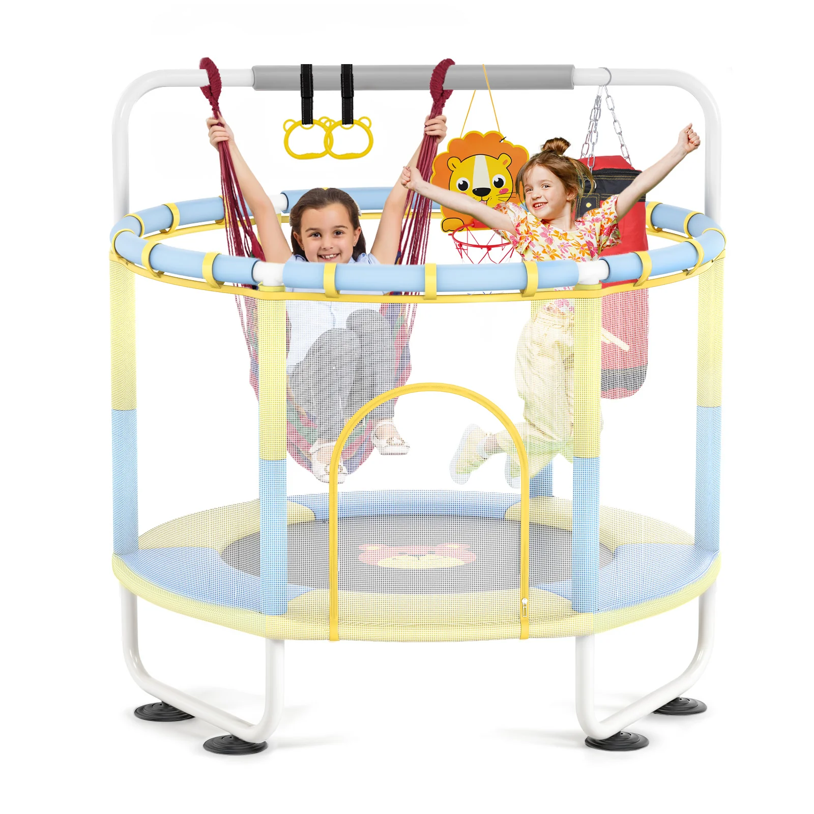 4dcc9bdeb7f184b8a74f27e9f7bf86b974acf70dfc46fcc217fc278151d09117 55" Trampoline with Basketball Hoop Swings