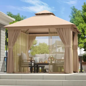 Aoxun Outdoor Gazebo for Patio 10x12, Metal Frame Canopy with Double Roofs, Heavy Duty Party Tent and Shelter with Mosquito Netting and Privacy Screen for Backyard, Lawn, Garden, Deck(10 X 10/Khaki)