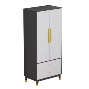 Wardrobe Closet Armoire with 2 Doors Wooden Clothes Storage Cabinet(Grey)