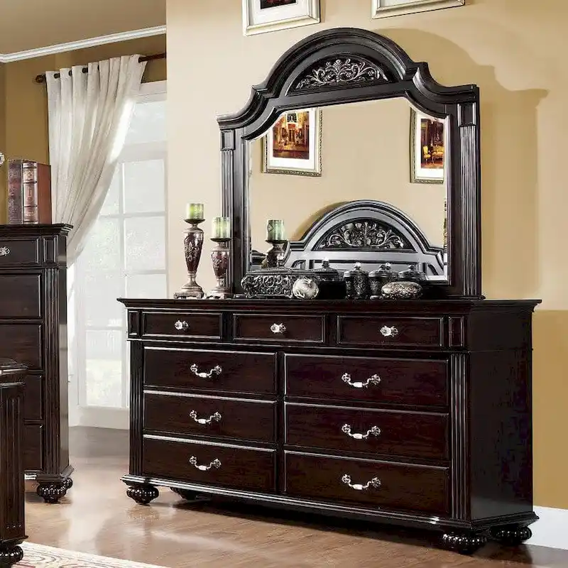 4e5ed26e53f2080e190f6cbcc00cf60289c2ea03ae55701a89d3402f238a8b96 Vame Traditional 2-piece 9-Drawer Dresser and Mirror Set by Furniture of America(Dark Walnut)