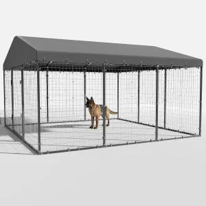 W 118 x D 118 x H 70 Large Outdoor Dog Kennel,Heavy Duty Dog Cage Enclosure with Waterproof Roof(Metal / Steel/Black)