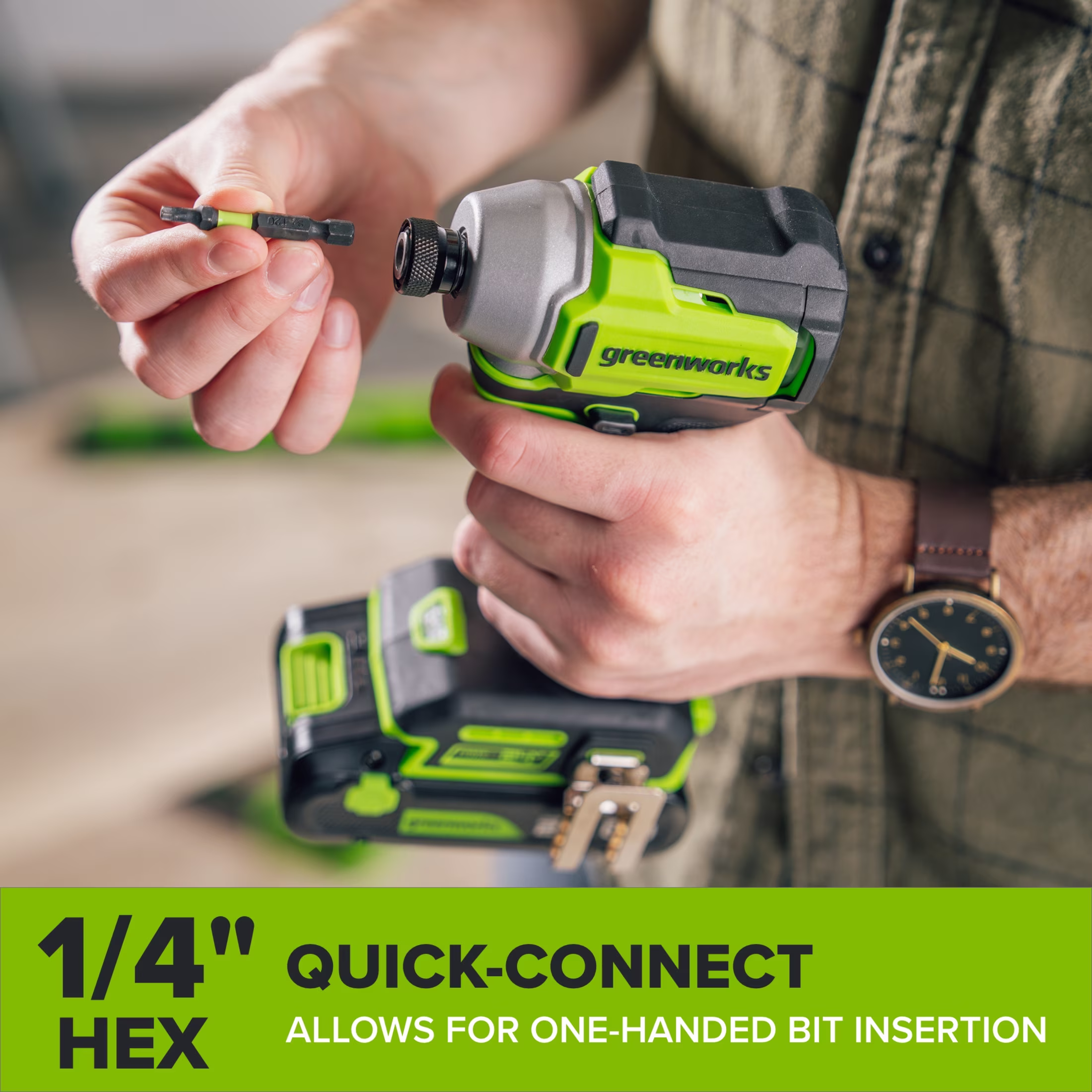4f1056f195b631c898a99450c3cdc2330ff8d3b5ad7331b1d4e6fdd88e19e2a2 Greenworks PowerAll 24V Brushless 1,900 In-Lb Impact Driver, with 2.0 Ah USB-C Battery, 30W USB-C Charger Block, 3' 100W USB-C Cable, ID3200A1