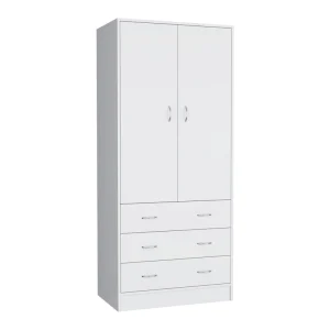 19 Modern Double-door Armoire with 3 Drawers and 1 Hanging Rod for Bedroom(White)
