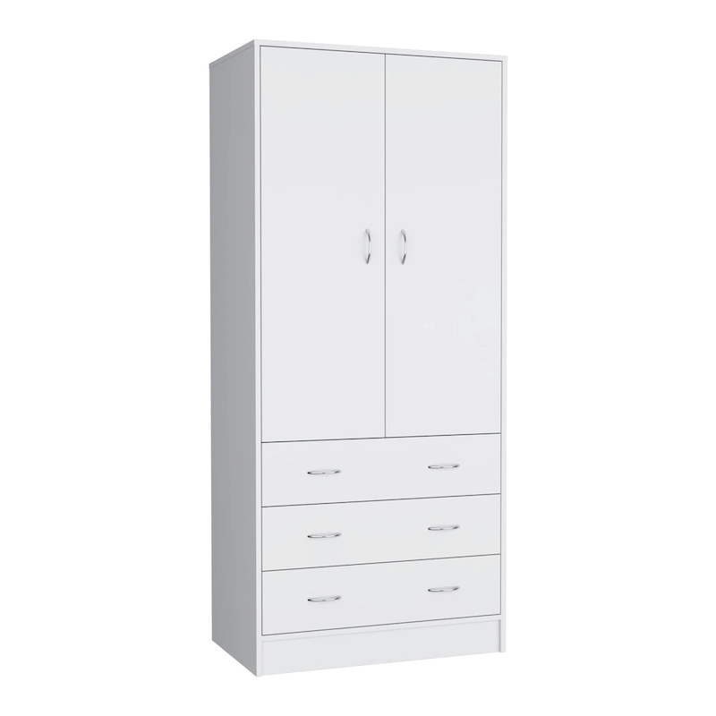 4f161f2ea6d32289bb615f21644fc22309ea93a35b9e2992f35b97794ebaa02a 19 Modern Double-door Armoire with 3 Drawers and 1 Hanging Rod for Bedroom(White)