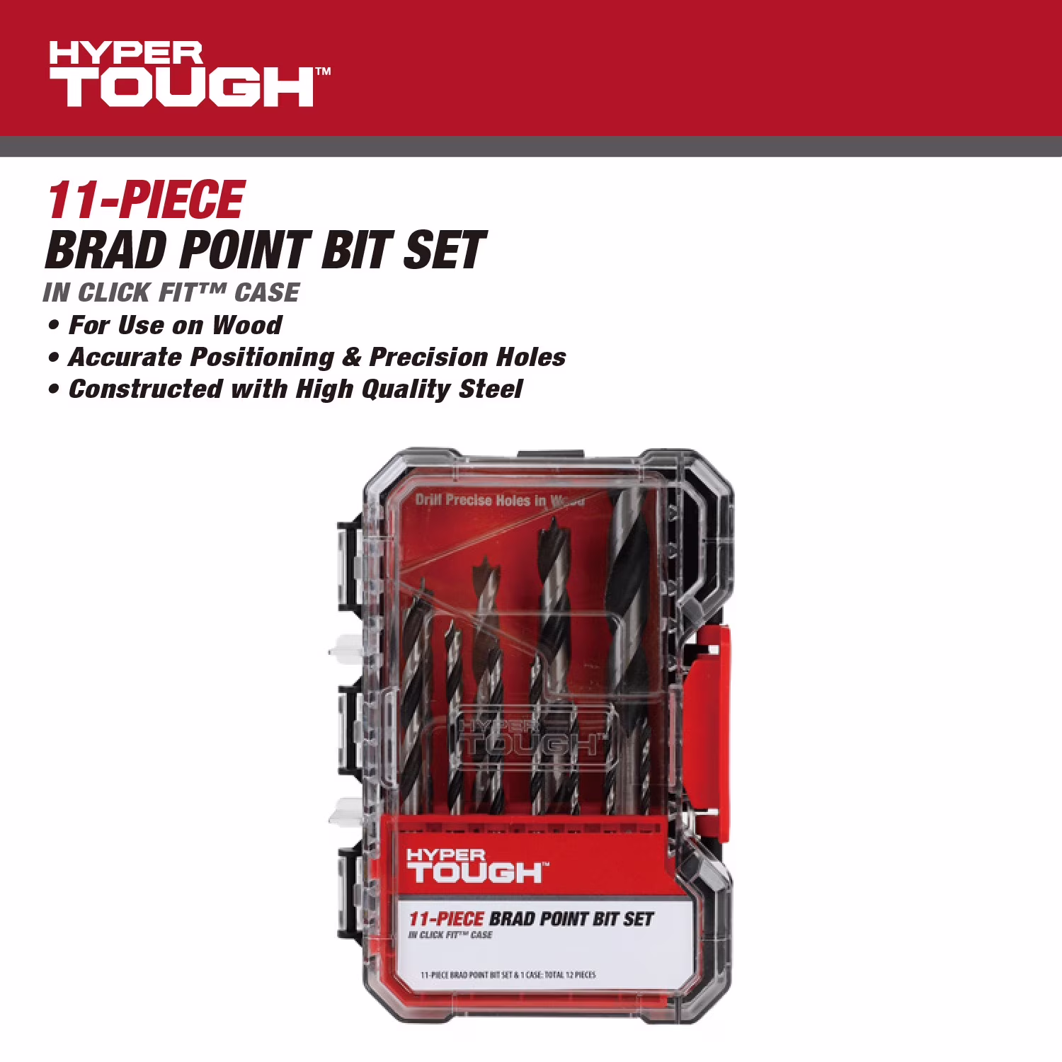 Hyper Tough 11-Piece Brad Point Bit Set in Click Fit Case