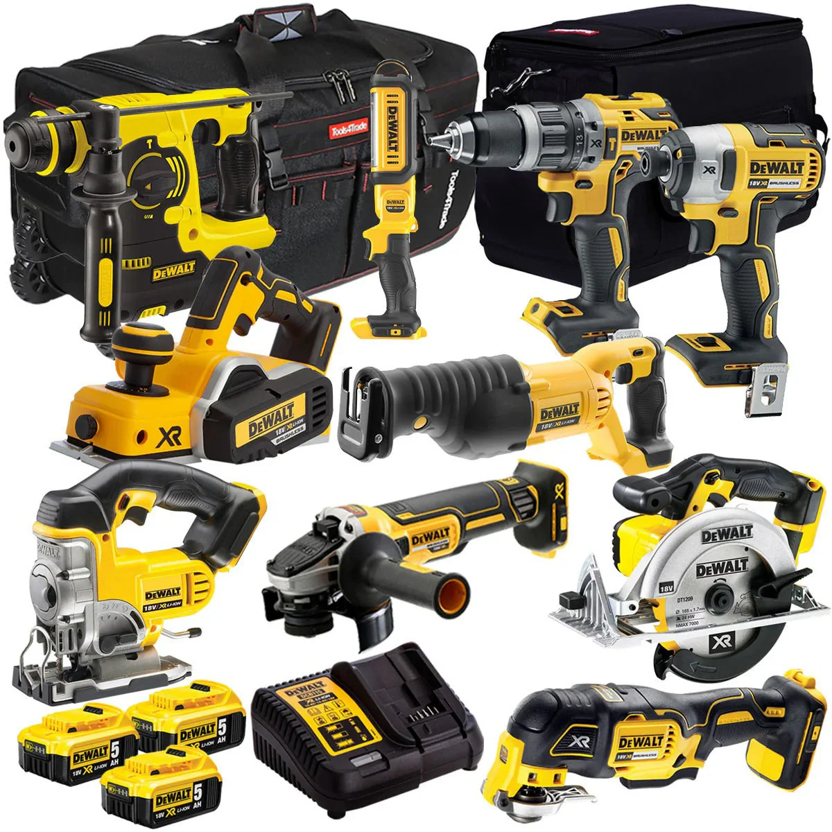 4ff3a1966e76c0ca725744df7e37dde4629b0a716dc17619bd2544bfc152d33e DeWalt DCK10BTSKIT1 18V 10-piece power tool set with 3 x 5.0Ah batteries and charger