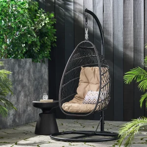 Coloma Outdoor Wicker and Rope Foldable Hanging Chair with Stand(Multibrown/Tan/Black)