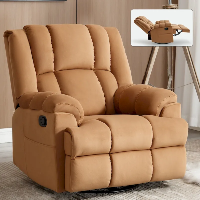 5083591e983a24ff9a1c872f184da97e621668472c87f7319989714f94cd470d Lazy Boy Swivel Rocker Fabric Recliner Chair, Overstuffed Large Manual Recliner Glider with Pillow Top Arms and Cushion Back(Beige)