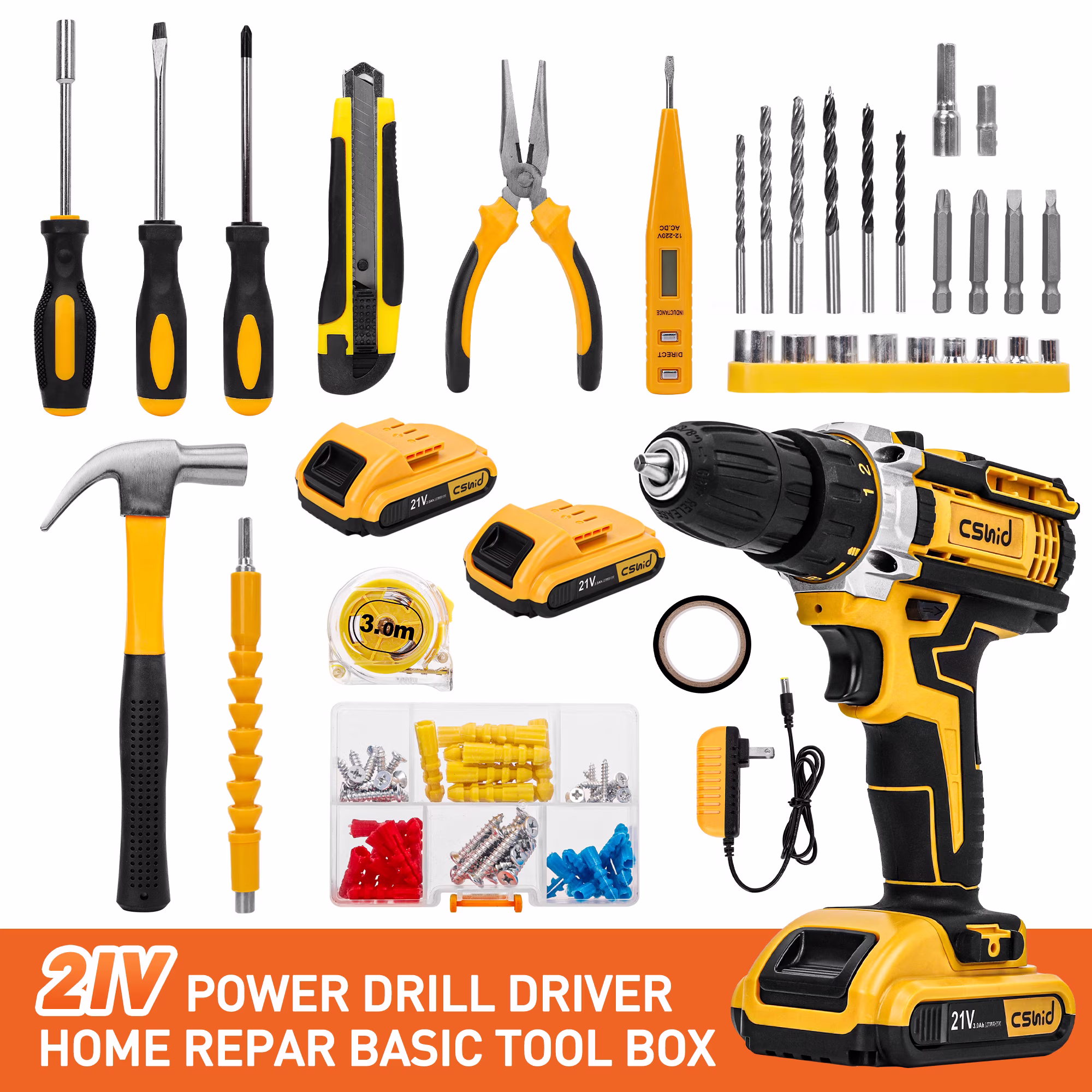 50b84e8ba9314921f783b0b92c418b960a64c1e308383147fa12400b19cb7d0f Cshidworld Tool Set with 21V Cordless Drill, Drill Set with 2 Batteries and Charger, 95PCS Electric Power Drill Tool Kit, Repair Tools Sets Combo Kits Storage Organizer Case for Men Women, Yellow