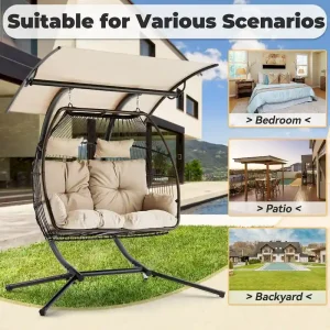 Outdoor Swing Loveseat with Stand, Foldable Hanging Chair, Hammock Cushion, and Awning, Double Egg Chair - Beige(Beige)