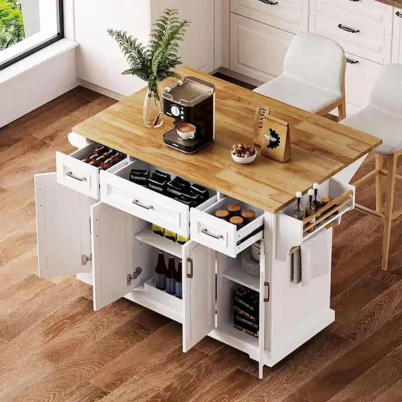 515a8a22a58c7c5a23183ea9cf5de3fd4a7ca3a7917cc9fe162ba49abbe080c2 Large Kitchen Island with Wood Drop Leaf, Embossed Texture Rolling Kitchen Cart wDoors and Drawers wStorage for Kitchen, White(White)