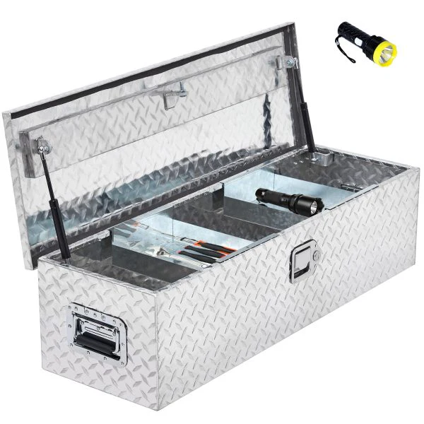 516b9b94bb0495f0242c784398e21ea868e44a5a1b7f5e4563d788667515bb6f 48 Inch Diamond Plate Truck Bed Tool Box with Shelf Silver