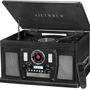 Victrola 8-in-1 Bluetooth Record Player  Multimedia Center, Built-in Stereo Speakers ¨C Turntable, Wireless Music Streaming(Entertainment Center + Needles/Black)