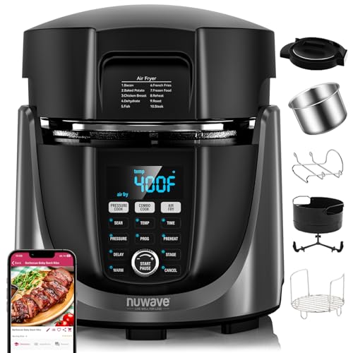 51bf3edbcab1c650b57d830817b75def24dbaa15c352180fb72af9496f694eb2 Nuwave Duet Air Fryer and Electric Pressure Cooker Combo with 2 Switchable Lids, 300 FoolProof One Touch Presets, CrispTender Tech, 6QT Heavy duty Stainless Steel Pot, 15 Safety Features : Home Kitchen