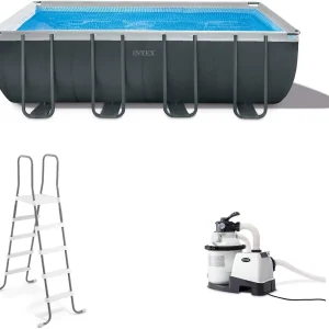 Rectangular Frame Above Ground Outdoor Swimming Pool Set with 1200 GPH Sand Filter Pump, Pool Cover and Ladder(18' x 9' x 52)