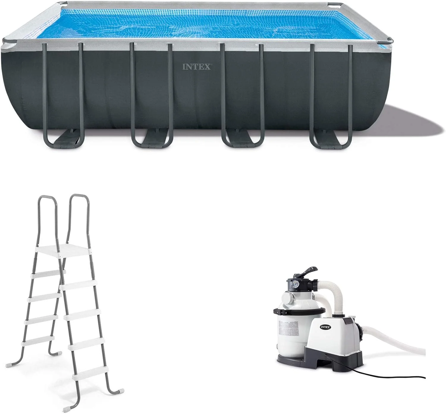 51da0c53a26660ae4dbc49d8b571050e1155330b58ccc7cb874b1781ea7b5547 Rectangular Frame Above Ground Outdoor Swimming Pool Set with 1200 GPH Sand Filter Pump, Pool Cover and Ladder(18' x 9' x 52)