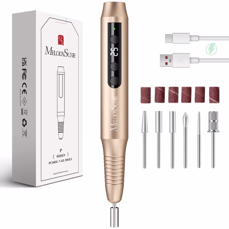 51e8f206fbae80948130146b45f4a71b45db814a751a5b08943983016cfc76a0 MelodySusie Cordless Portable Nail Drill, 25,000 RPM PC180G Rechargeable Nail E-file Kit, with Drill Bits & Sanding Bands, Pink