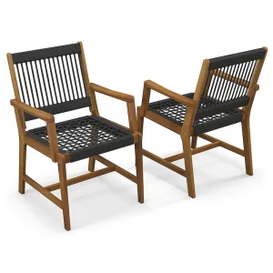 Gymax Patio 4PCS Acacia Wood Dining Chairs All-Weather Rope Woven(Black And Natural/Set Of 4)