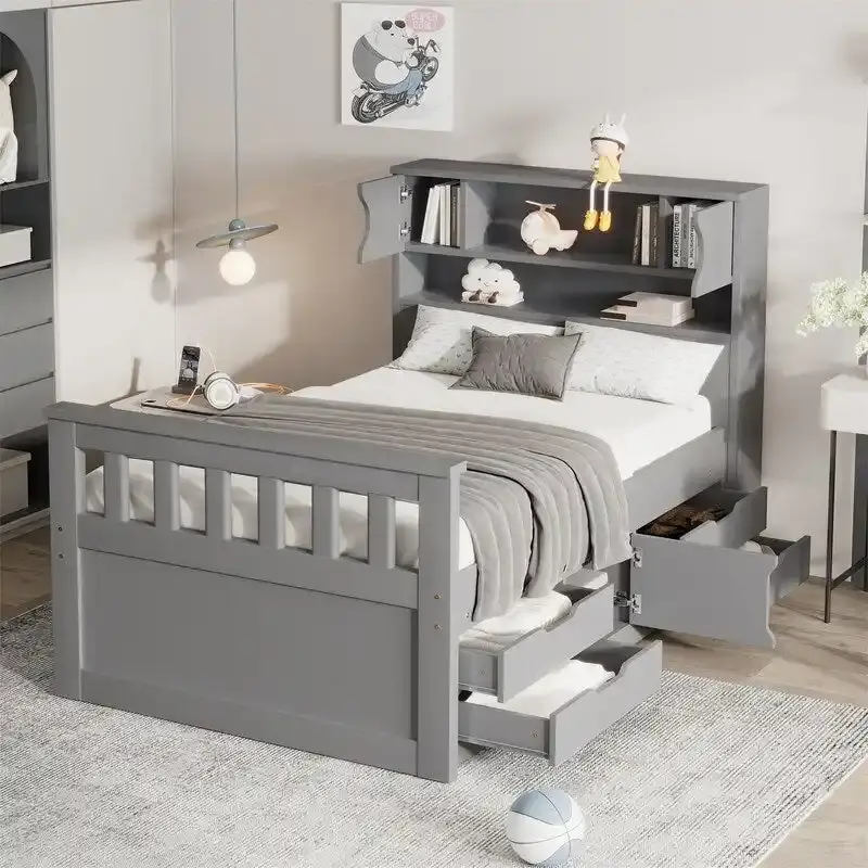524af63b16a563374354df160d5e11a2302ba7231da1e2d5476246a2f083ed6c Twin/Full Size Captain Platform Bed with 4 Drawers and Storage Shelves, Solid Wood Bed Frame with Storage Bookcase Headboard(TWIN/Grey)