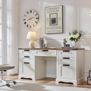 60 Farmhouse Executive Desk, Wood Home Office Desk, Computer Desk(Light Rustic Oak)