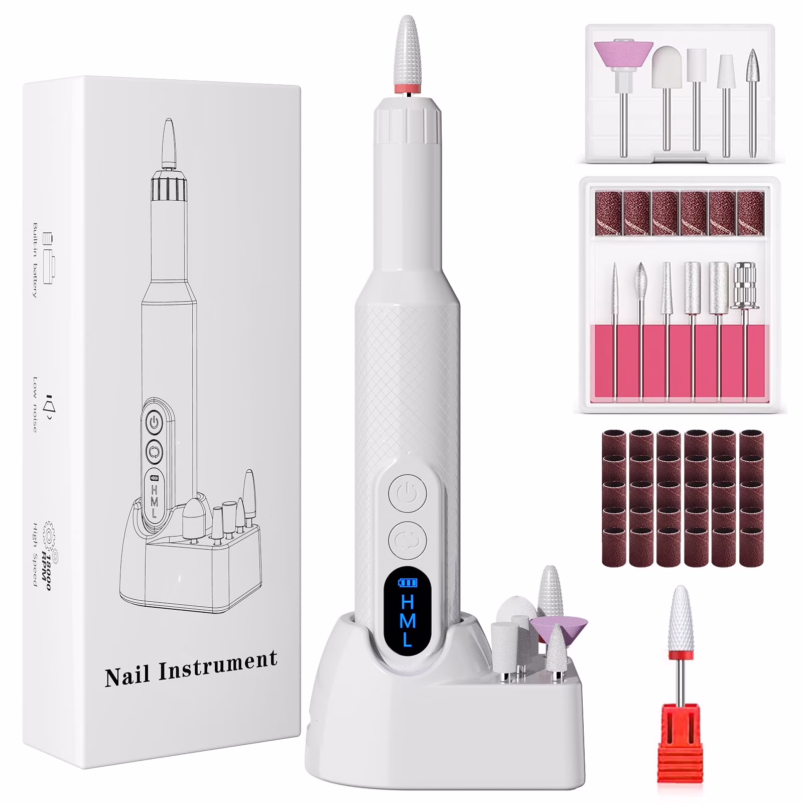 CshidWorld Electric Nail Drill, Cordless Nail File Kit, Portable Manicure Pedicure Tool with 12 Drill Bits & Wireless Charging Base for Acrylic Gel Nails Polishing Removal
