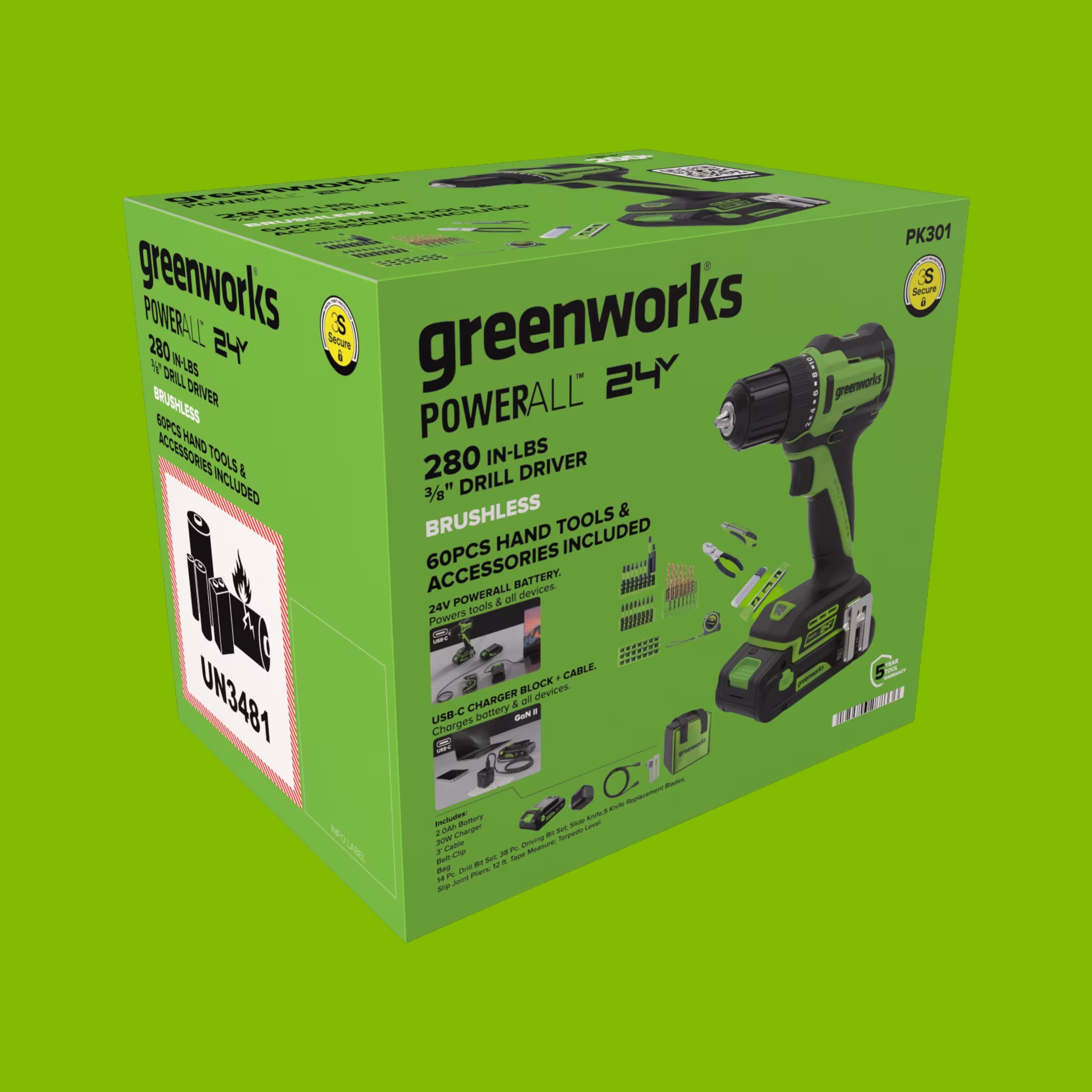 5383ec76cf3cb5e4d482ca3a8d8fdef8ced90482f647a91825353d0ac6542f97 Greenworks PowerAll 24V Brushless 3/8" Drill Driver with 2Ah Battery and Hand Tools, PK301A1
