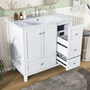 36 Inch Bathroom Vanity with USB Charging, Resin Sink, Solid Wood Frame, 3 Drawers Storage(Grey)