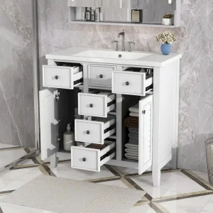Bathroom Vanity with Ceramic Basin, Two Cabinets and Five Drawers(Grey)