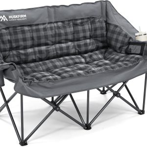 Double Camping Chairs Padded Loveseat Chair for 2 Person - Heavy Duty Oversized Camping Couch for Adults Outdoor Lawn Beach - Portable Folding Sofa with Cup Holders and Carry Bag, Grey(Blue/Non-Heating)