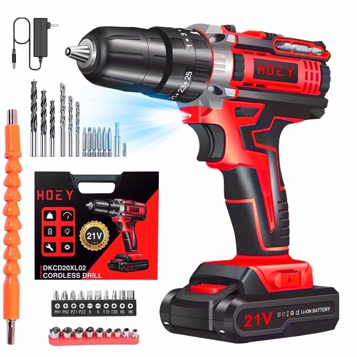 21V Cordless Drill Set,Electric Power Drill 34Pcs with 3/8 Inch Keyless Chuck, 25 3 Clutch Compact Driver Drill with Work Light, Max torque 45Nm, 2-Variable Speed & Battery and Fast Charger