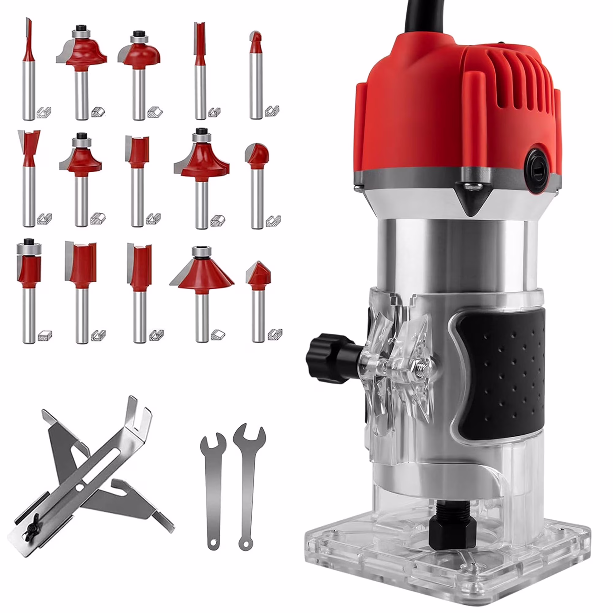 Gewna 800W Compact Wood Router with 1/4" Collet,30000 Rpm , Includes 15 Pcs Bits ,for Trimming, Grooving and Woodworking,Red